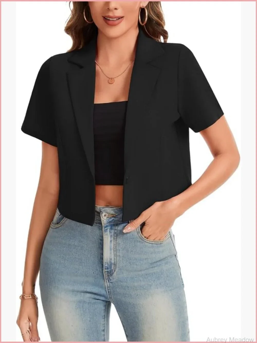 Cropped Blazer Business Casual Open Front Short Sleeve Single Button Jacket